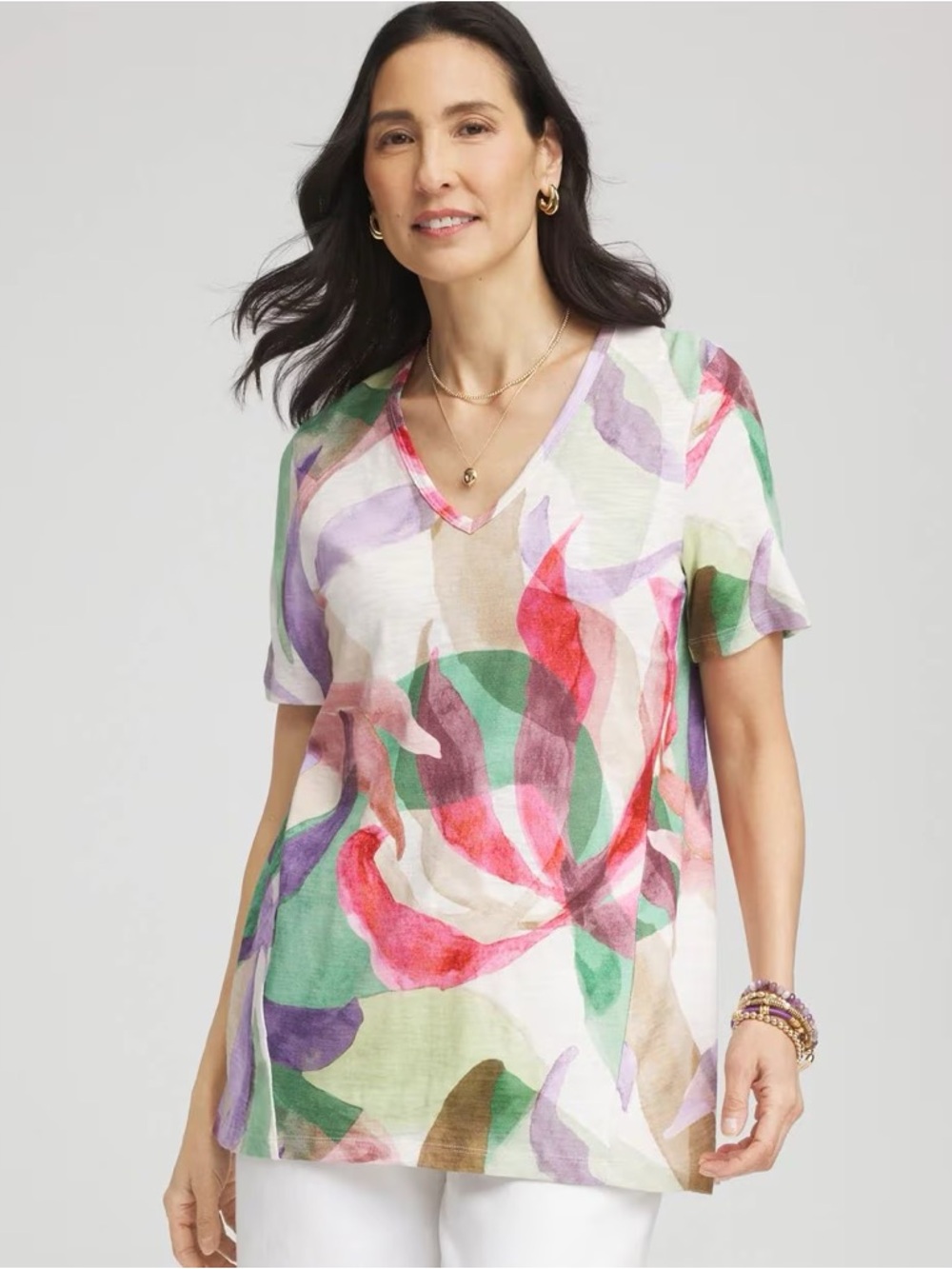 CHICO’S NWT 0 Abstract Floral Short Sleeve Forward-Seam Tee S V-Neck Watercolor